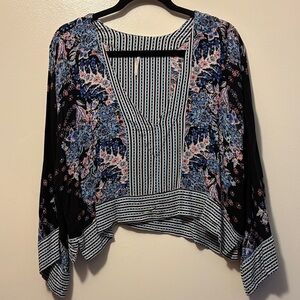 Free People Black and Blue Patterned Blouse
